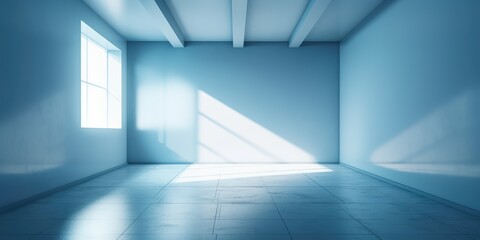 An empty blue light large room. Bright lighting. AI generated.