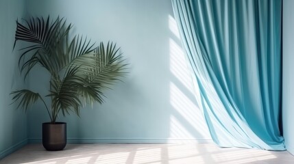 An empty blue room with a flower and curtains. Bright lighting. AI generated.