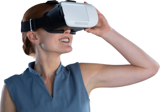 Happy young businesswoman wearing virtual reality glasses