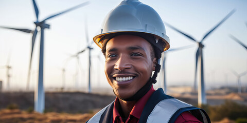 African American wind turbine technician portrait. Generative AI - obrazy, fototapety, plakaty