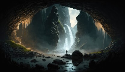 View from inside the cave to a beautiful waterfall. AI generated