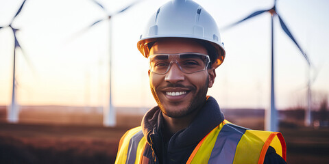 Wind turbine technician portrait. Generative AI