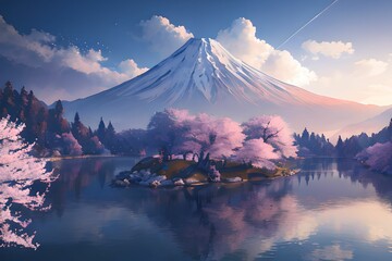 Fujiyama Winter Majesty: A Stunningly Detailed 8K Wallpaper of a Dramatic late Winter Landscape featuring Waterfalls, Lakes, and cherry blossom Trees - obrazy, fototapety, plakaty