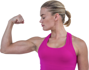 MId section of muscular woman flexing muscle
