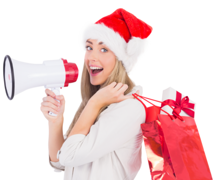 Festive blonde holding megaphone and bags