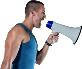 Angry male trainer yelling through megaphone