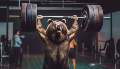 Bear holding a heavy barbell aloft above his head in a gym, overhead press