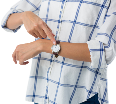 Female executive pointing at the wristwatch - Powered by Adobe