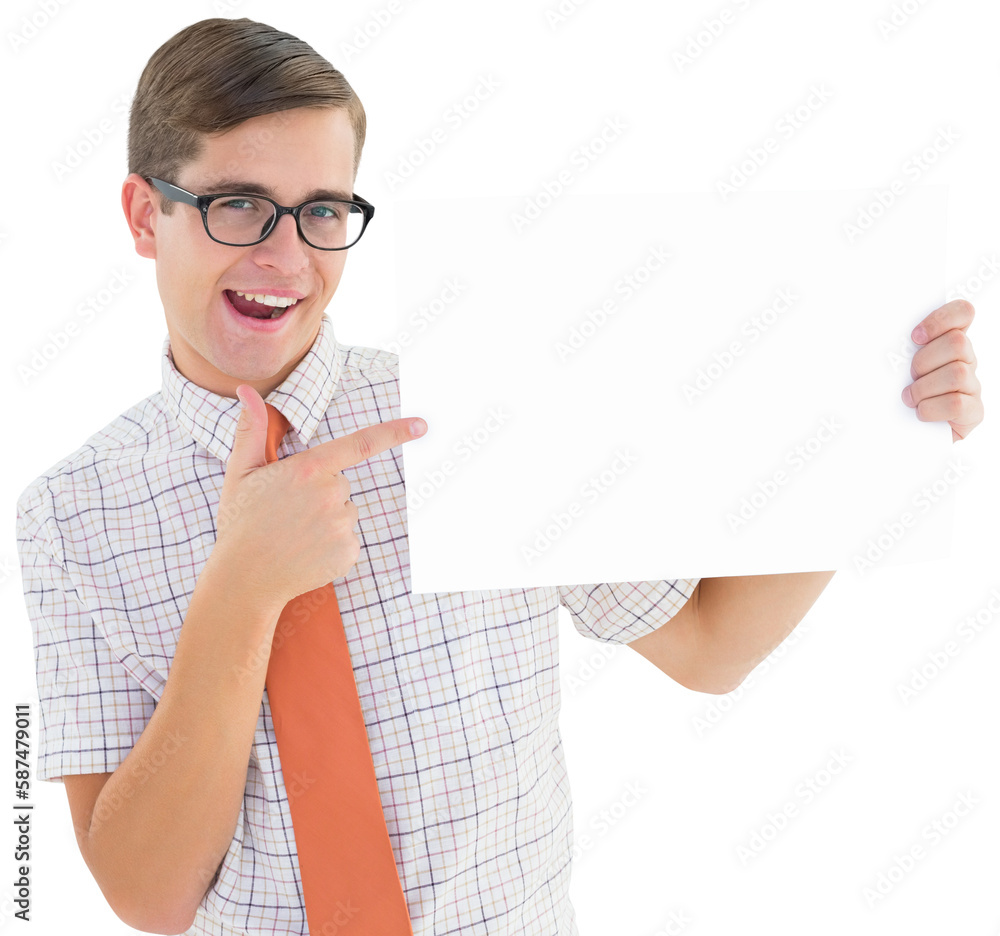 Poster geeky hipster smiling and showing card
