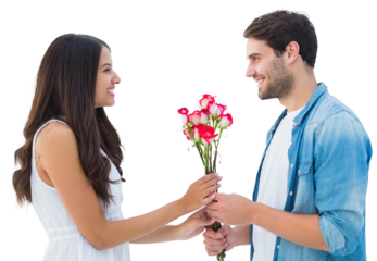 Happy hipster giving his girlfriend roses