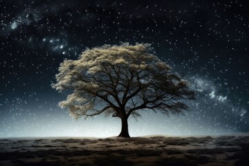 Fototapeta na wymiar solitary tree standing under a starry night sky in the middle of a vast field. Generative AI