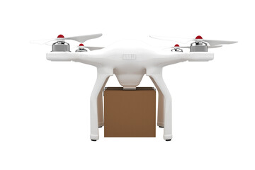 Drone with brown box flying against white background