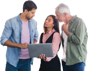 Business people discussing over laptop magainst white background