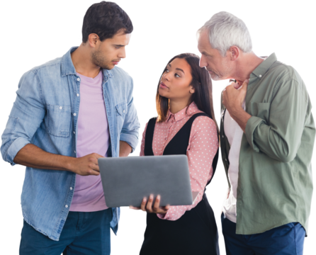 Business people discussing over laptop magainst white background