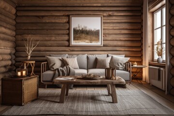 Gray beige log cabin living room, front view. Frame mockup, fabric sofa with cushions. Farmhouse decor,. Generative AI