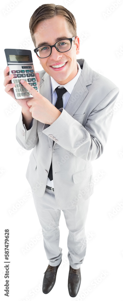 Poster geeky smiling businessman showing calculator