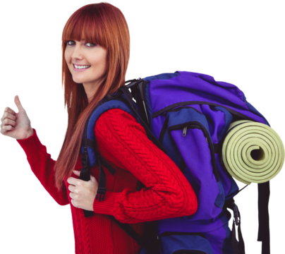 Smiling hipster woman with a travel bag