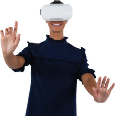 Woman gesturing while using virtual reality headset