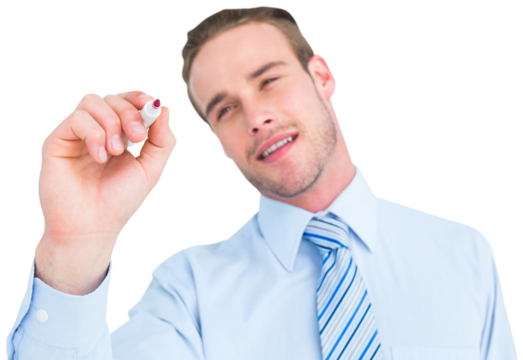 Smiling businessman in shirt writing with marker