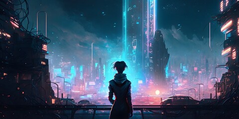 A Lone Figure Overlooks a Neon Lit Futuristic Metropolis in Anime Style (Generative AI)