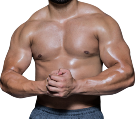 Mid section of a shirtless muscular man