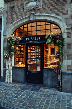 Bruxelles, Belgium - October 14th 2017 : Entry of one of the shops of the chocolatier Elisabeth in the city center.