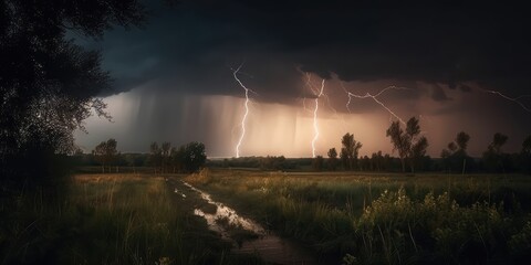 Naklejka na ściany i meble A lightning bolt strikes from the clouds. Lightning strike, dark clouds. AI generated