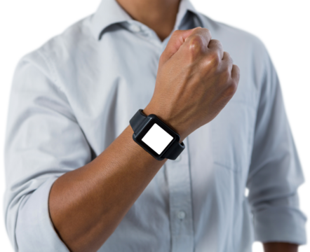 Mid section of Man showing smartwatch