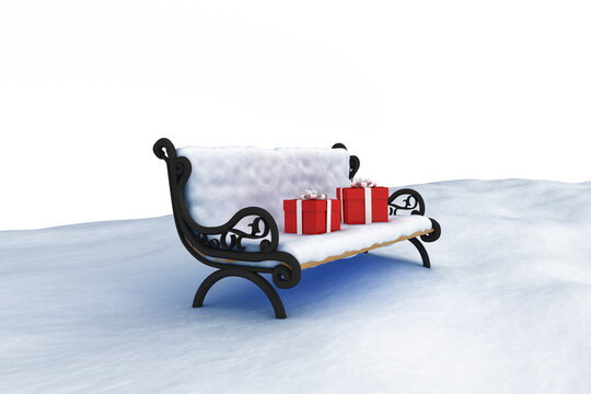 Digitally composite image of gift boxes on park bench