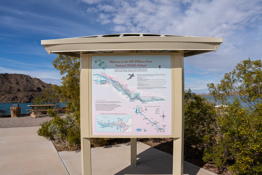 Lake Havasu City, AZ - March 10, 2023: Informational sign at the Bill Williams River National Wildlife Refuge.