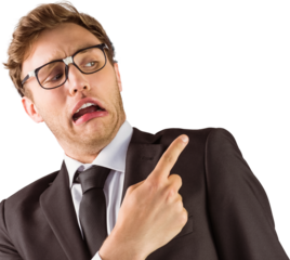 Young geeky businessman pointing to shoulder