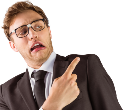 Young geeky businessman pointing to shoulder