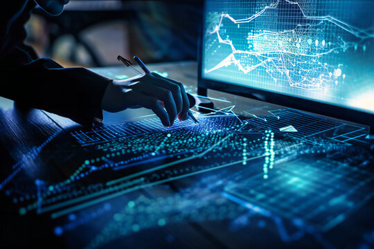 A businessperson analyzes economic trends and financial data, making data-driven decisions with a laptop and graphs