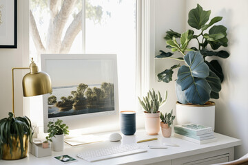 Desk with green leafy home plants by the window. Bright natural sunlight reflecting through. Generative AI.
