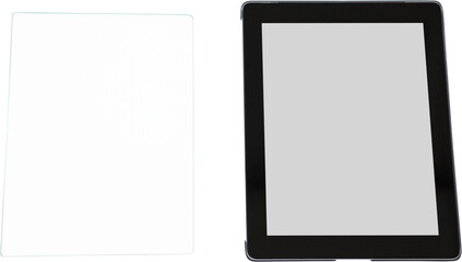 Digital tablet and tempered glass on white background