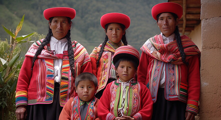 Peruvian family in traditional dress. Generative AI