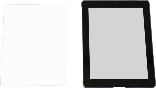Digital tablet and tempered glass on white background