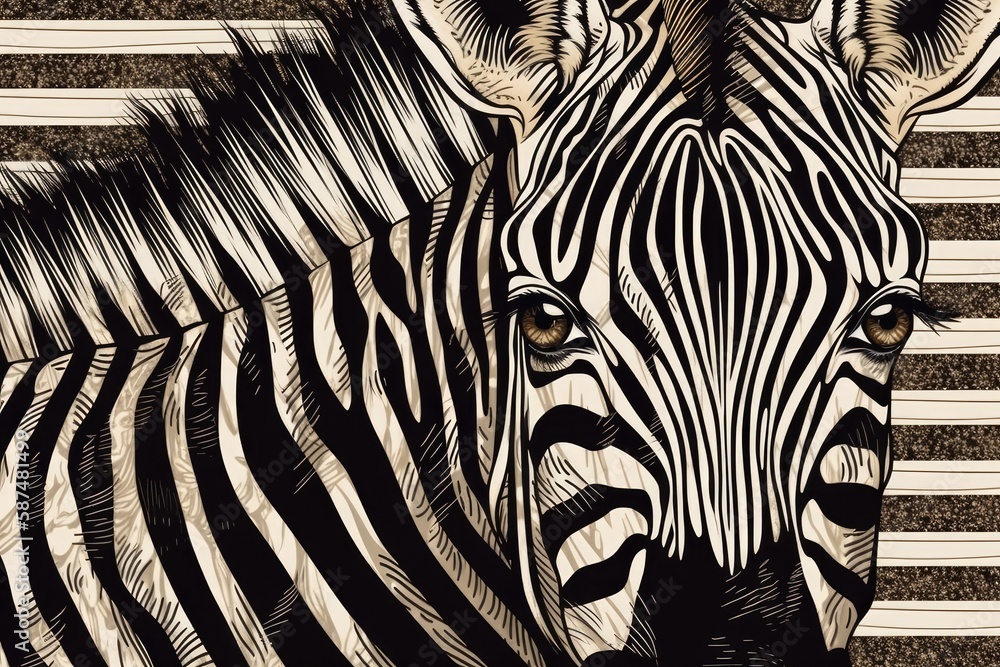 Poster close up of a zebra on a striped background. generative ai