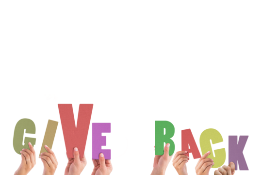 Cropped hands holding colorful words give back 