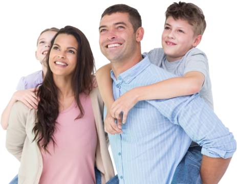 Happy parents giving piggyback ride to children while looking up