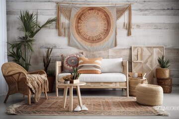 Beach bohemian living room interior backdrop, wall mockup,. Generative AI