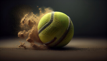 Tennis ball taking a bounce, green tennis ball in motion, illustration on black background