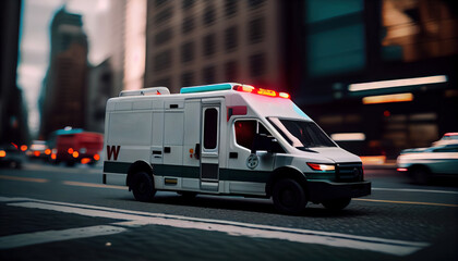 Ambulance Van on a wide city street. White emergency vehicle with warning lights and siren moving fast an avenue.