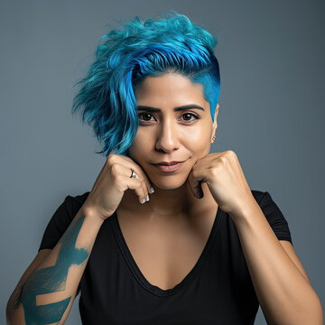 Digital AI transforms portrait of alluring Latina female with striking blue hair into stunning artwork