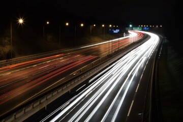 Fototapeta na wymiar long exposure photo of a highway at night. Generative AI.