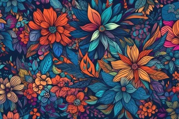 colorful flowers on a bright blue background. Generative AI