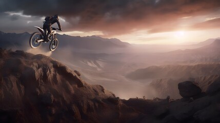 Mountain bike cross downhill in the mountains with a great dramatic panorama Generative AI
