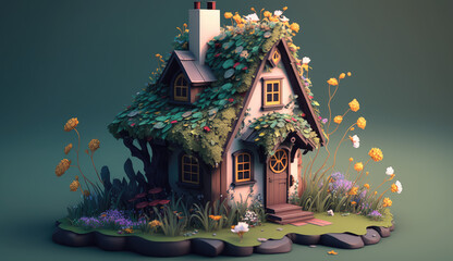 Magical fantasy elf or gnome house with windows, door and yellow blooming flowers on glade. AI generative