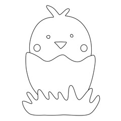 Cute little chick in cracked egg, Easter or newborn concept, doodle vector outline for coloring book