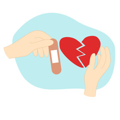 Two hands trying to repair red broken heart with patch, reconciliation concept, doodle style vector
